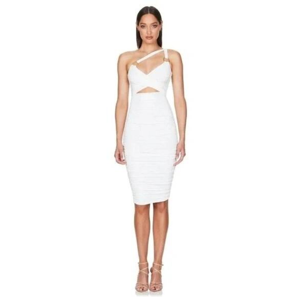 Nookie Riley Ring Midi Dress Ivory Sleeveless Lined Zip Back Ruched NWT Small - Picture 1 of 16